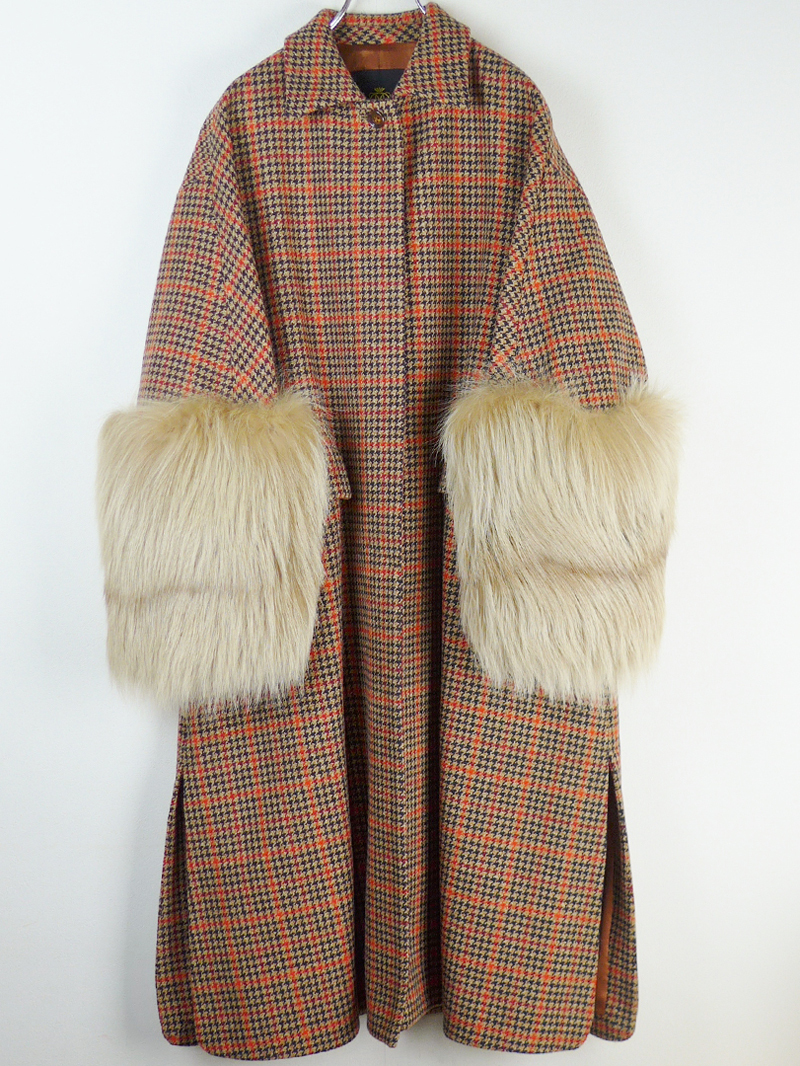 Drawer ドゥロワー 18AW ファーカフス ガンクラブチェックコート38 ブラウン×レッド系 BLAMINK フォックスファー ステンカラー拍卖