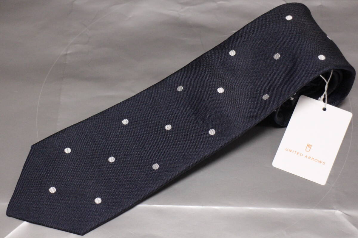 ユナイテッドアローズ*フォサッティ新品ネクタイ超シック艶グレーイッシュネイビー*シルバードット極上イタリアンシルクハンドメイド拍卖