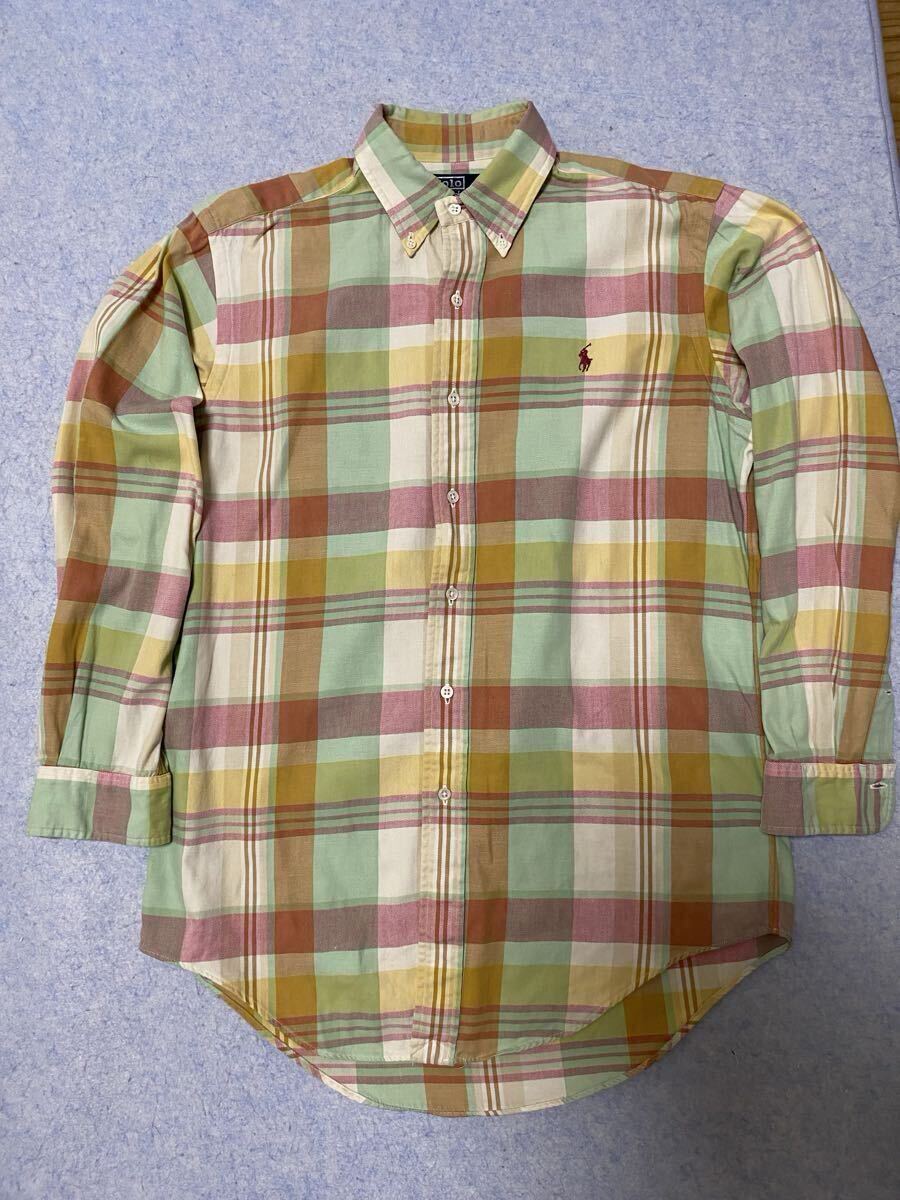 ポロ ラルフローレン Ralph Lauren 長袖シャツ サイズM 綿 微起毛 ボタンダウン 秋色 パステル チェックシャツ ネルシャツ 拍卖