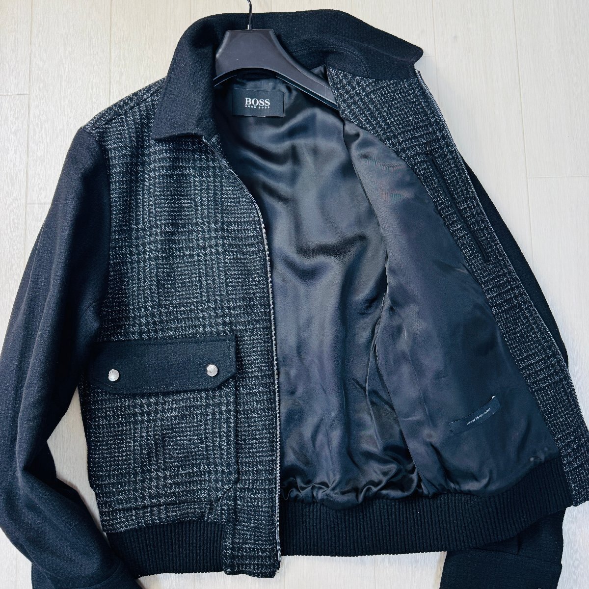 未使用に近い/48 L相当★ヒューゴボス HUGO BOSS メランジウール 凹凸ツイード ボンバージャケット ブルゾン コンビ素材 ロゴ金具 メンズ拍卖