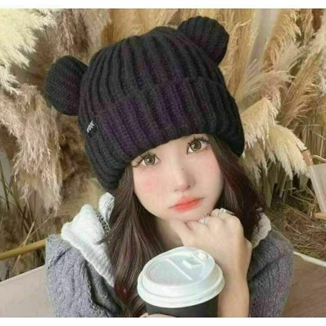 くま耳ニット帽 ニット帽 ブラック 黒 防寒 かわいい 人気 韓国 オルチャン拍卖