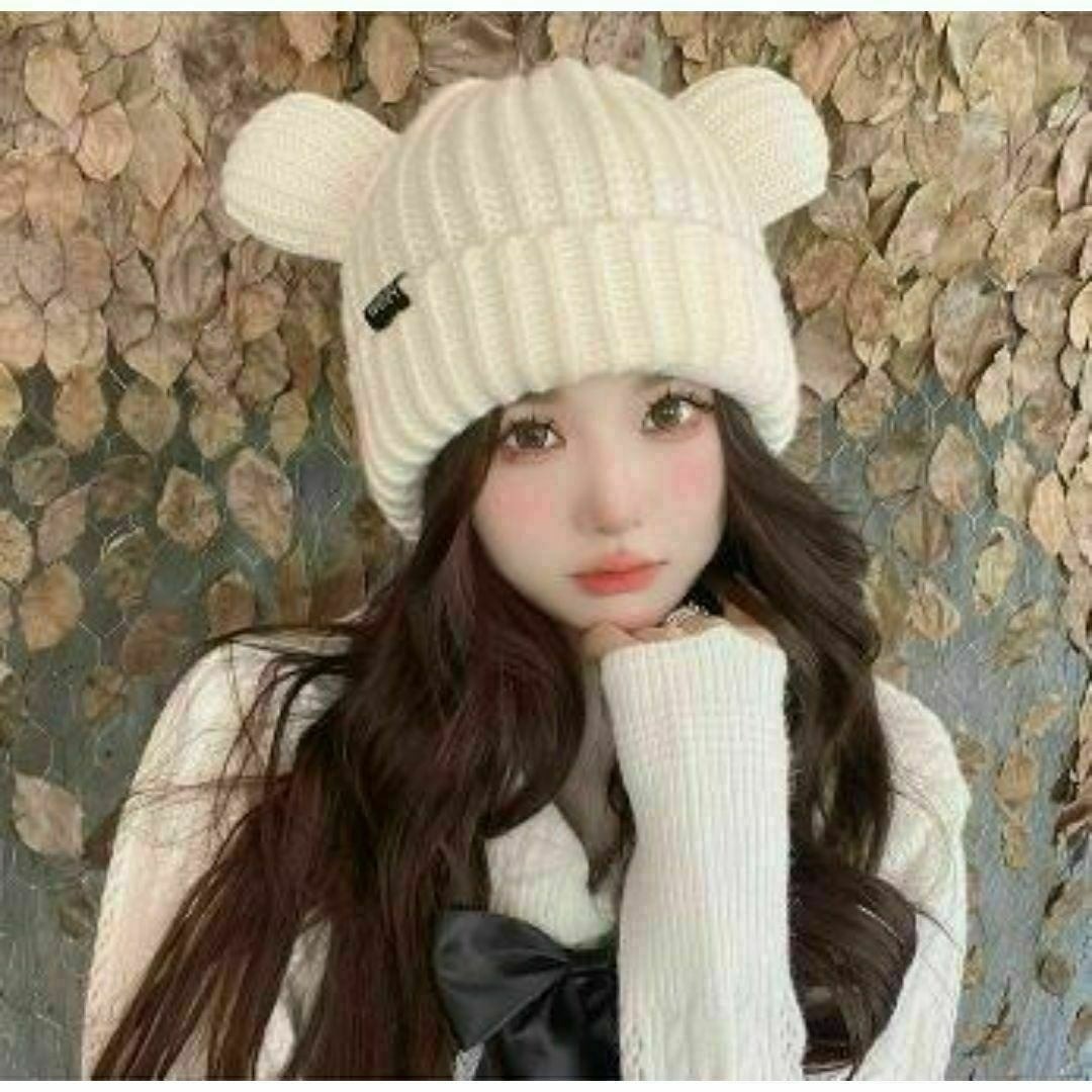くま耳ニット帽 ニット帽 ホワイト 白 防寒 かわいい 人気 韓国 オルチャン拍卖