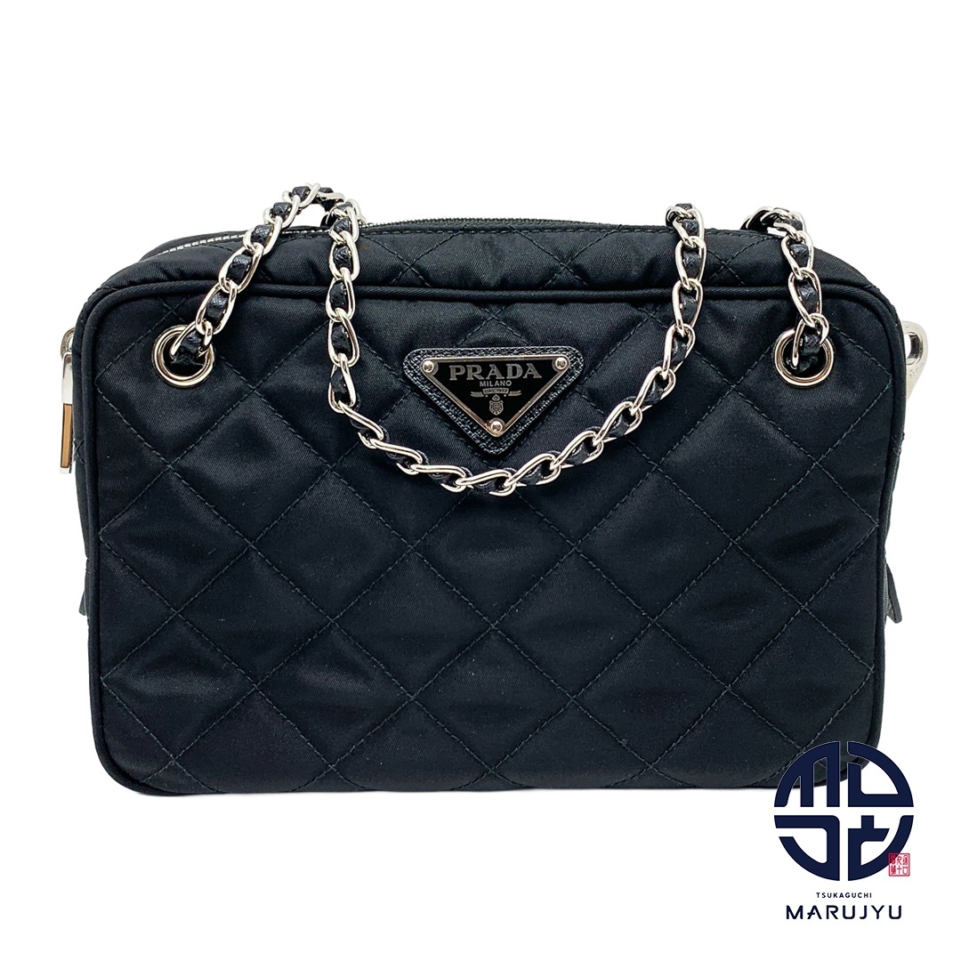 PRADA プラダ 黒 ブラック トライアングルロゴ ナイロン キルティング チェーンハンドル ハンドバッグ 2wayショルダーバッグ 鞄 カバン拍卖