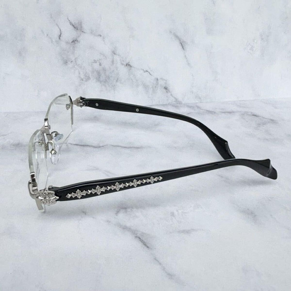 シルバー伊達メガネ眼鏡サングラス リムレス縁無し韓国 ストリートy2k HIPHOP gentle monster クロムハーツ カザール メンズレディース拍卖