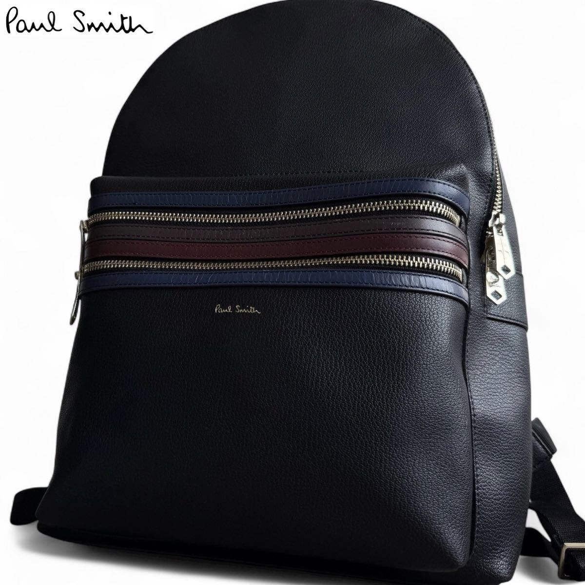 極美品/現行モデル●Paul Smith ポールスミス メンズ リュック バックパック ビジネスバッグ 大容量 A4 書類鞄 ストライプ レザー 本革 黒 拍卖