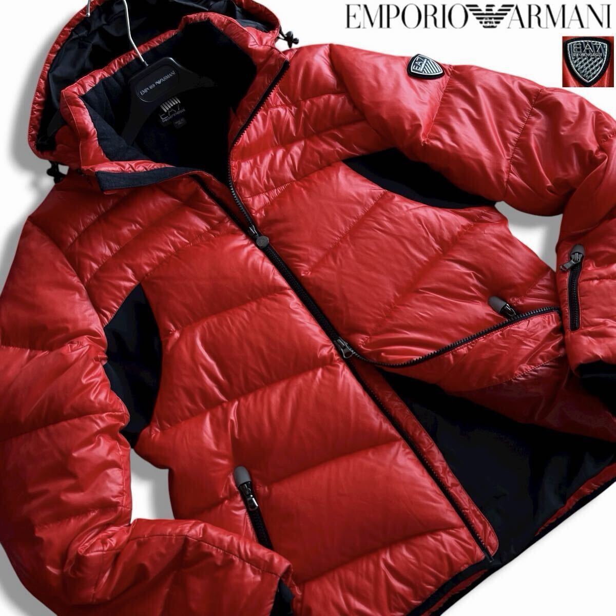 極美品/XLサイズ●エンポリオ アルマーニ 極暖 ダウンジャケット 2WAY ブルゾン ダブルジップ ストレッチ ロゴパッチ 赤 黒 EMPORIO ARMANI拍卖