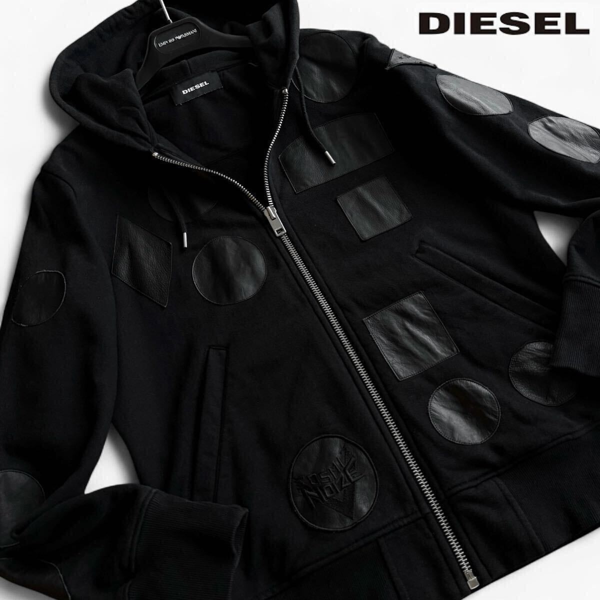 極美品/Lサイズ●DIESEL ディーゼル レザー パッチワーク ジップパーカー ブルゾン ジャケット カウハイドレザー 牛革 ロゴ ブラック 黒拍卖