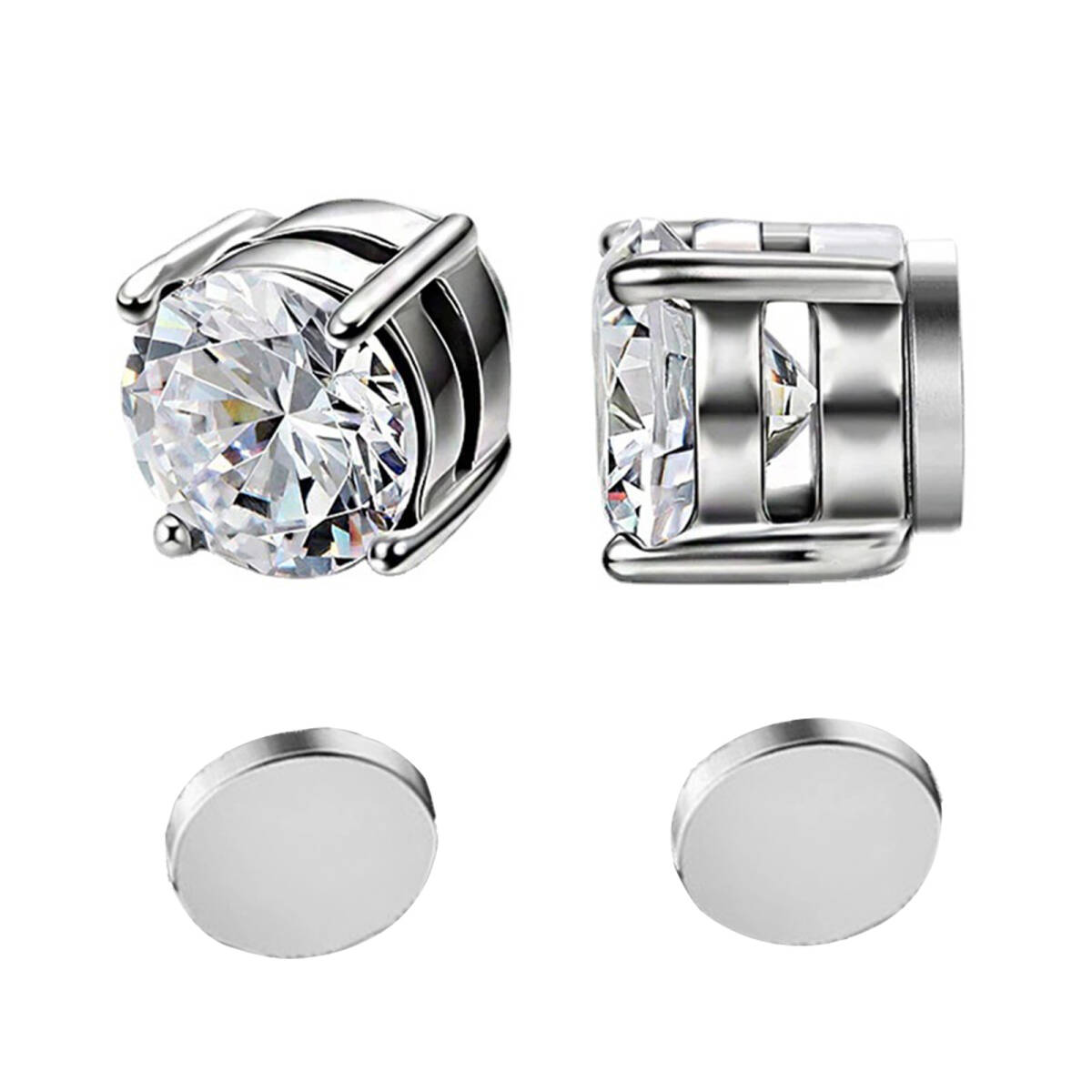 マグネットノンピアス 四つ爪ジルコニアピアス イヤリング フェライト磁石ピアス ジュエリー アクセサリー 2点セット シルバー ;J330;拍卖