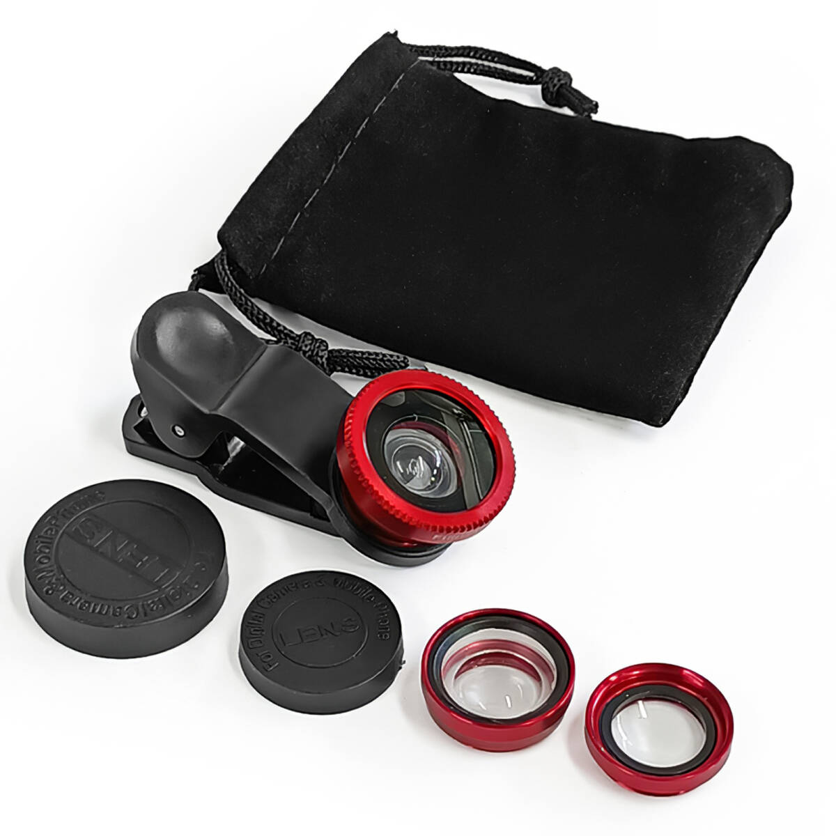 携帯電話外付けカメラ 360° スリーインワン魚眼レンズ 広角マクロ魚眼レンズ 屋外携帯電話レンズ (レッド);J124;拍卖