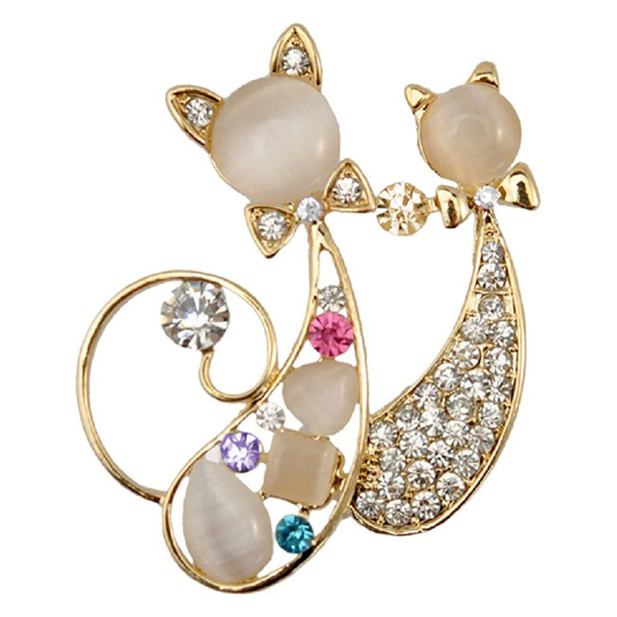 ブローチ 猫柄 美しく 輝く 寄り添う 2匹のネコ キラキラ ブローチ 服 ジャケット飾り アクセサリー ;J511;拍卖