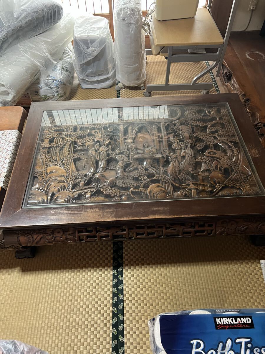 引取限定、 昭和レトロ 和室テーブル、彫刻品、台湾製、拍卖