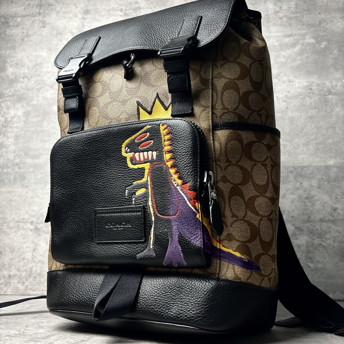 激レア《未使用級/大容量》 COACH コーチ メンズ リュック A4収納 バスキア COACH×JEAN MICHEL BASQUI レザー×PVC ブラック ベージュ拍卖
