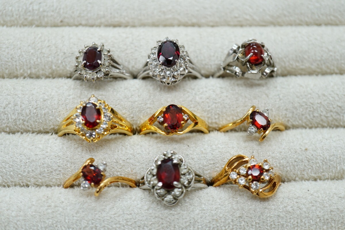 B257 ガーネット リング 指輪 9点セット カラーストーン ヴィンテージ アクセサリー 大量 まとめて おまとめ まとめ売り 色石拍卖