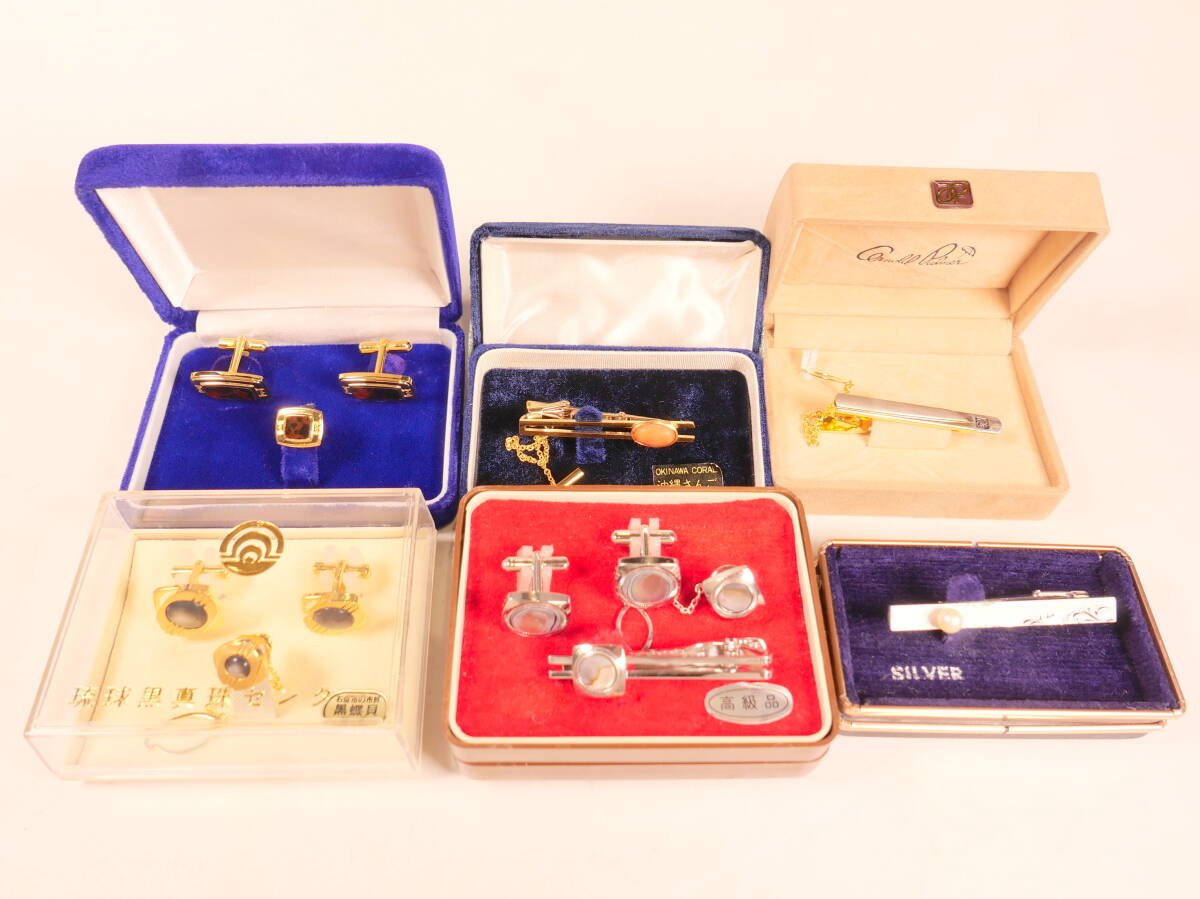 ★紳士 メンズ タイピン カフス 黒蝶貝 沖縄サンゴ 6種セット拍卖