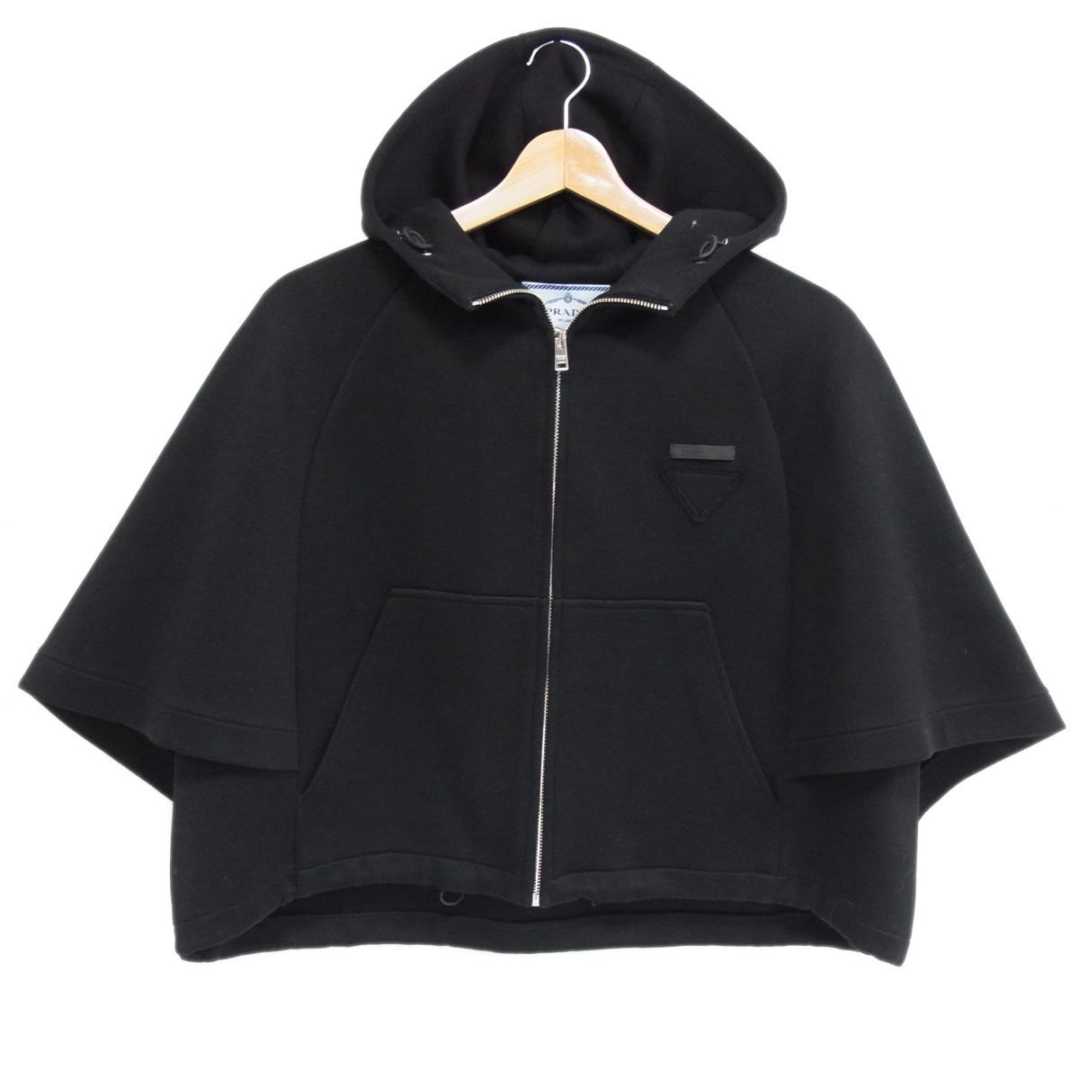 美品 定価28万◇PRADA 20aw 重ね着風 フーディ ケープ スウェットパーカー ショート丈 トライアングルステッチ プラダ イタリア製拍卖