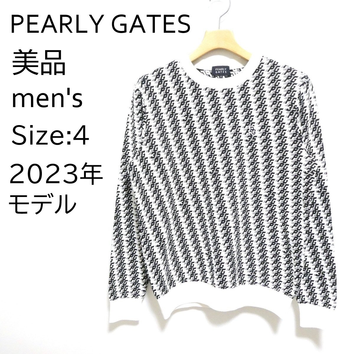 ☆パーリーゲイツ クルーネックニットプルオーバー 黒 白 4(M)0534170203 コットンビーム 小紋柄シリーズ ゴルフ 春 秋 美品◆T11拍卖