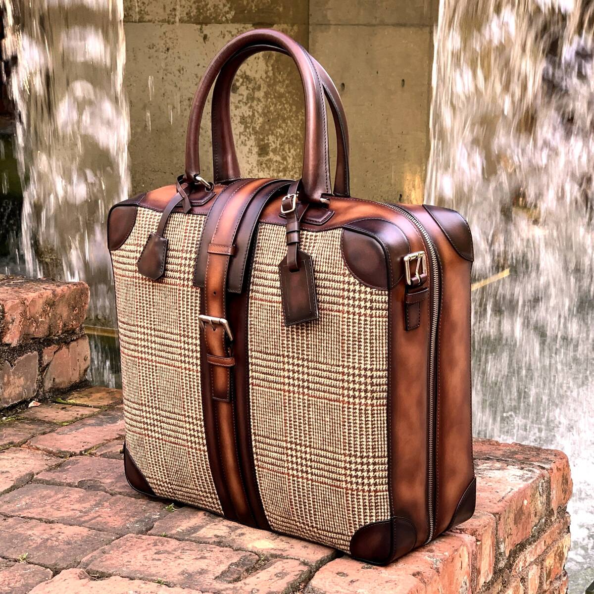 【エル エクレ】パティーヌ メンズ 本革レザー×ツイードチェック柄 トラベルトート ボストンバッグ 限定 ジョンロブ 長財布拍卖