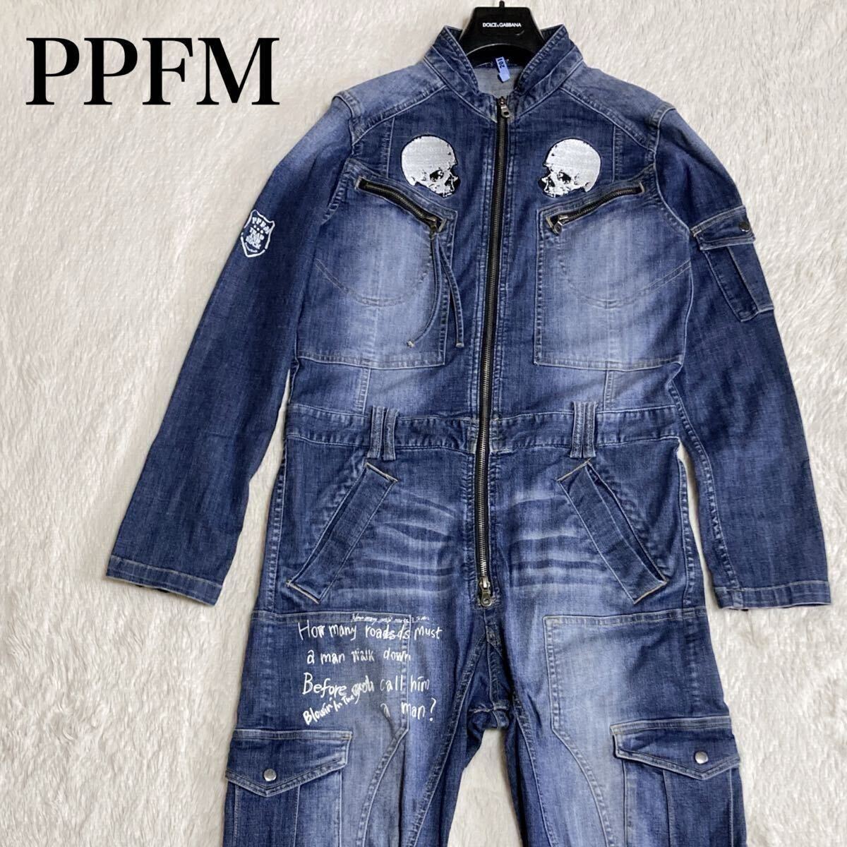 極美品 PPFM y2k スカル デニムジャケット オールインワン つなぎ ストレッチデニム インディゴ メンズ パンツ プリント M〜L 伸縮素材拍卖
