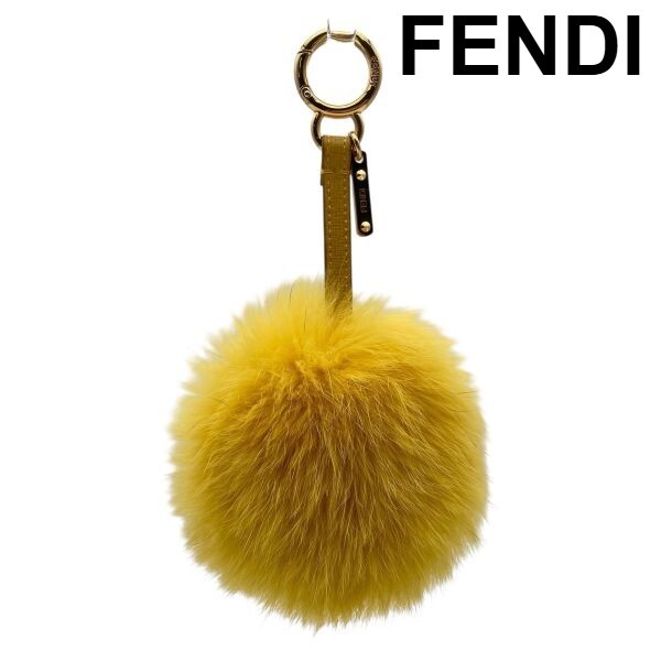 ● 美品 フェンディ FENDI ファー ポンポンチャーム キーホルダー バッグチャーム 黄色 フォックスファー レザー レディース 5E055拍卖