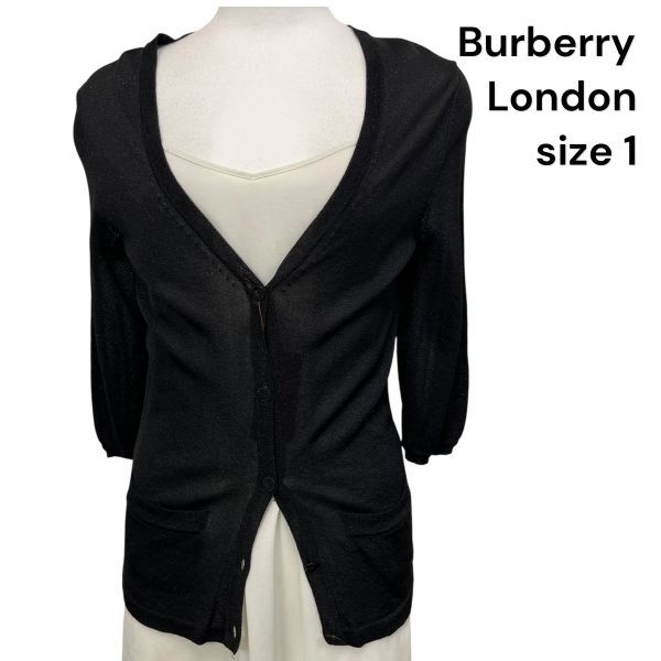バーバリーロンドン BURBERRY LONDON カーディガン 薄手 ラメ入り 透け感 5分袖 羽織り 黒 1 S 7号 レディース S5V104拍卖
