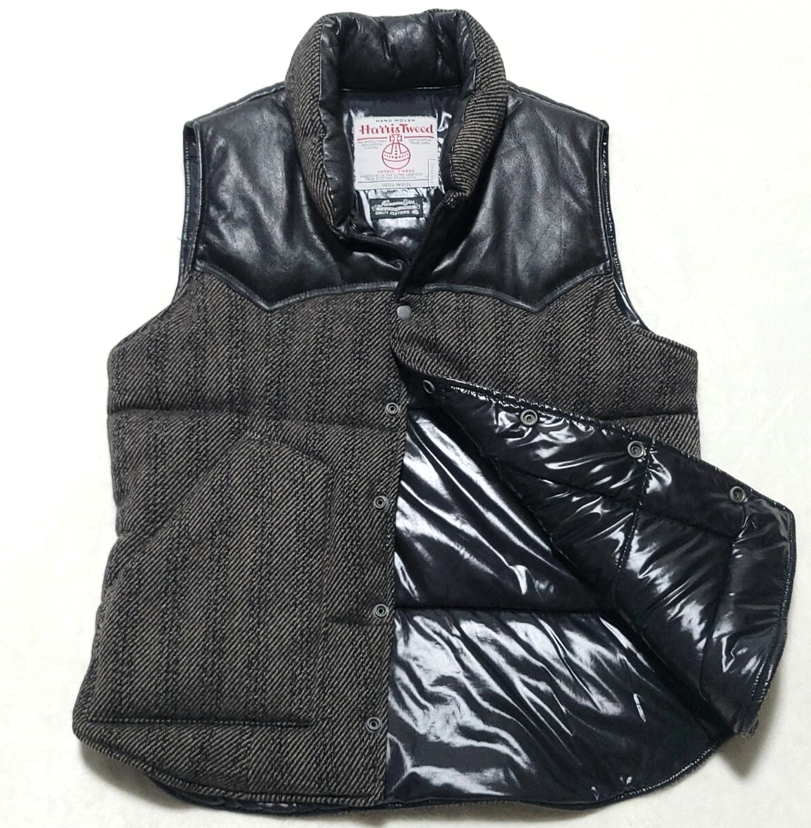 美品/ツイード生地 ■ハリスツイード Harris Tweed NomeansYes ダウンベスト ジレ 切り替え レザー ヘリンボーン メンズ 紳士 ブラック 黒拍卖