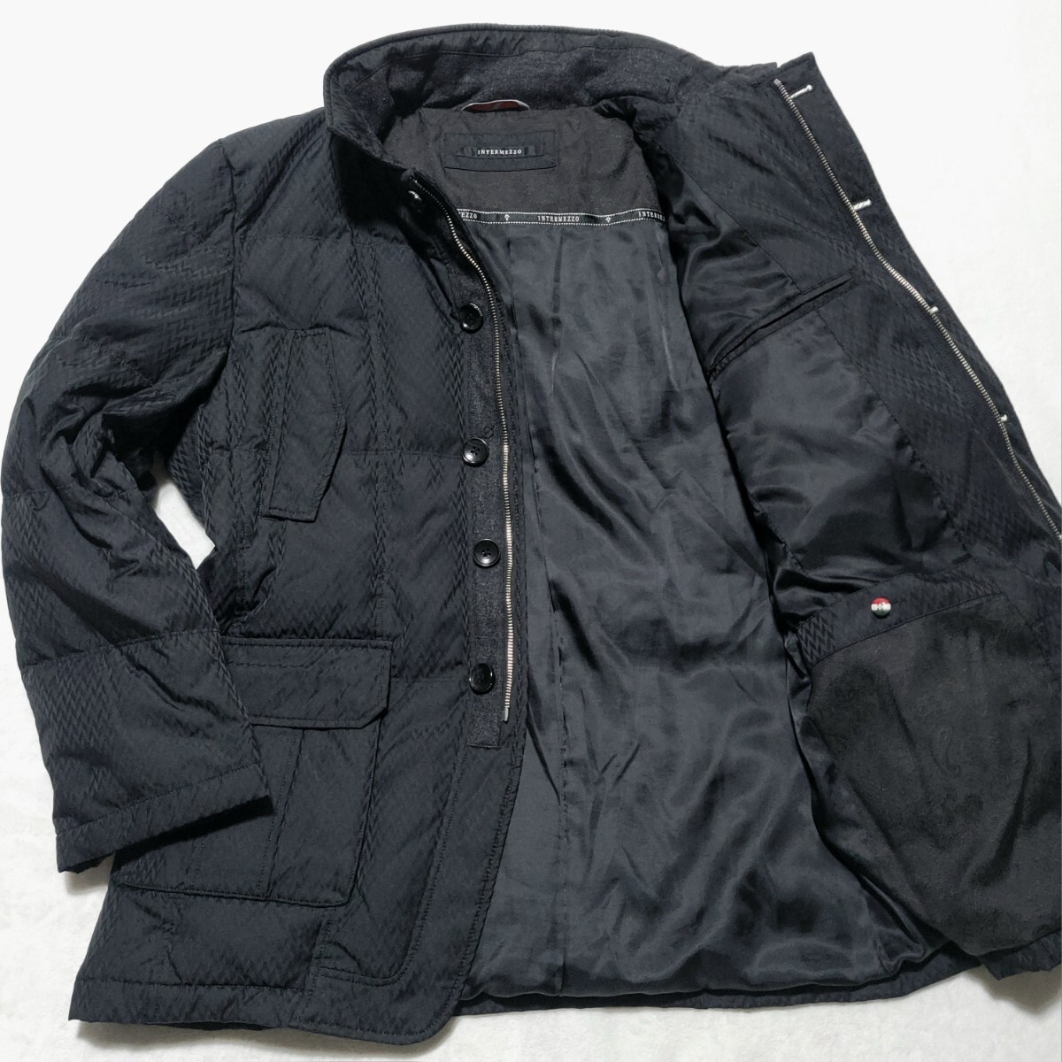 極美品/希少LLサイズ/2WAY ■インターメッツォ INTERMEZZO ダーバン ダウンジャケット コート 総柄 ペイズリー柄 ヘリンボーン メンズ 黒拍卖