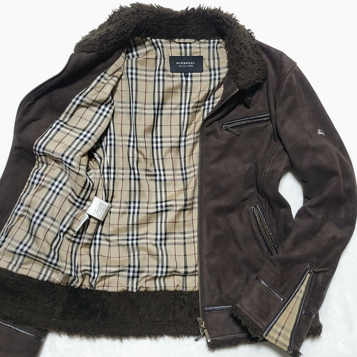 美品/廃盤/極暖 バーバリー ブラックレーベル BURBERRY エコムートン ジャケット ブルゾン ライダース B-3 ノバチェック ボア 羊革 メンズ 拍卖