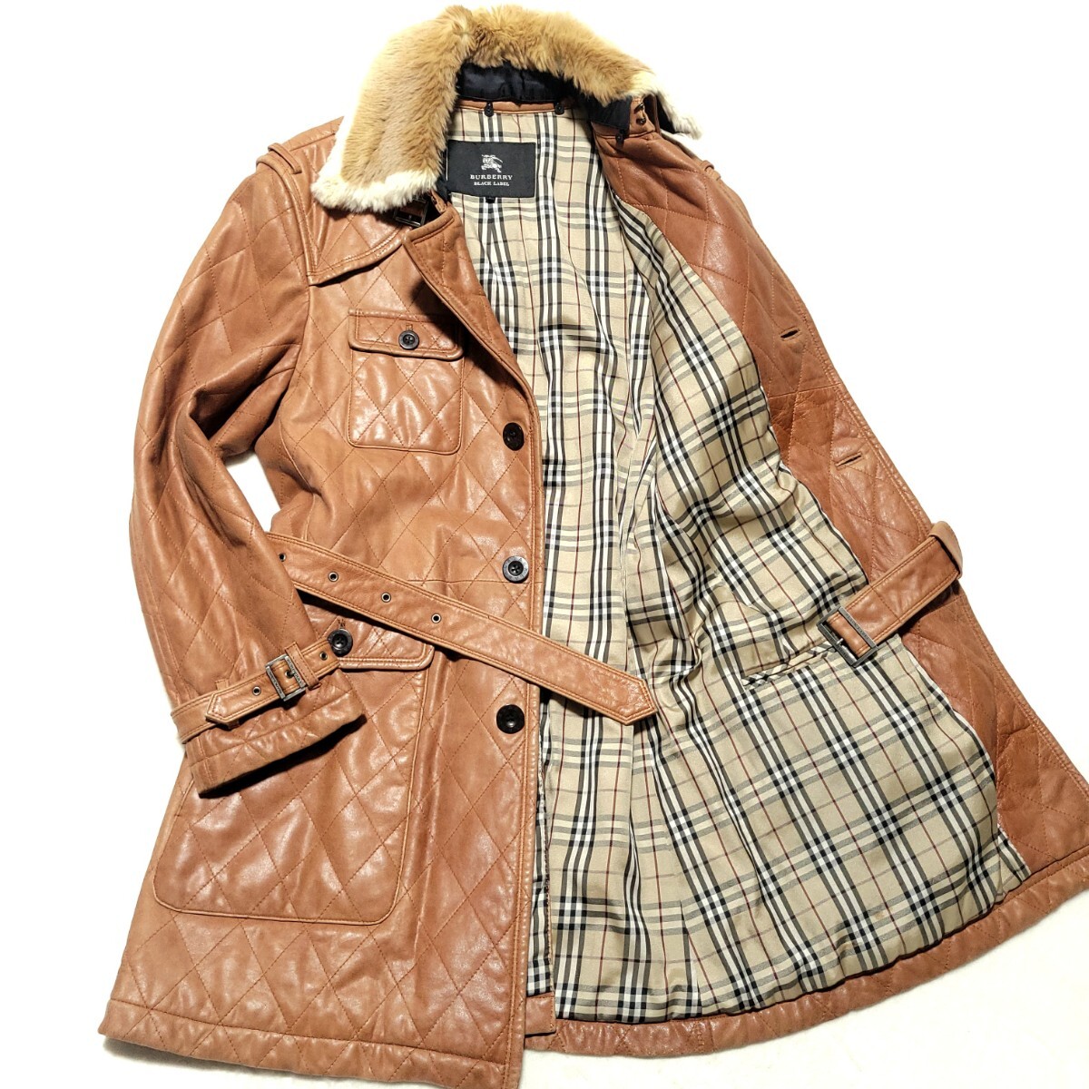 入手困難/限定品/3WAY/Lサイズ ■バーバリー ブラックレーベル レザー コート キルティング 羊革 ノバチェック 毛皮 ダメージ加工 メンズ 拍卖