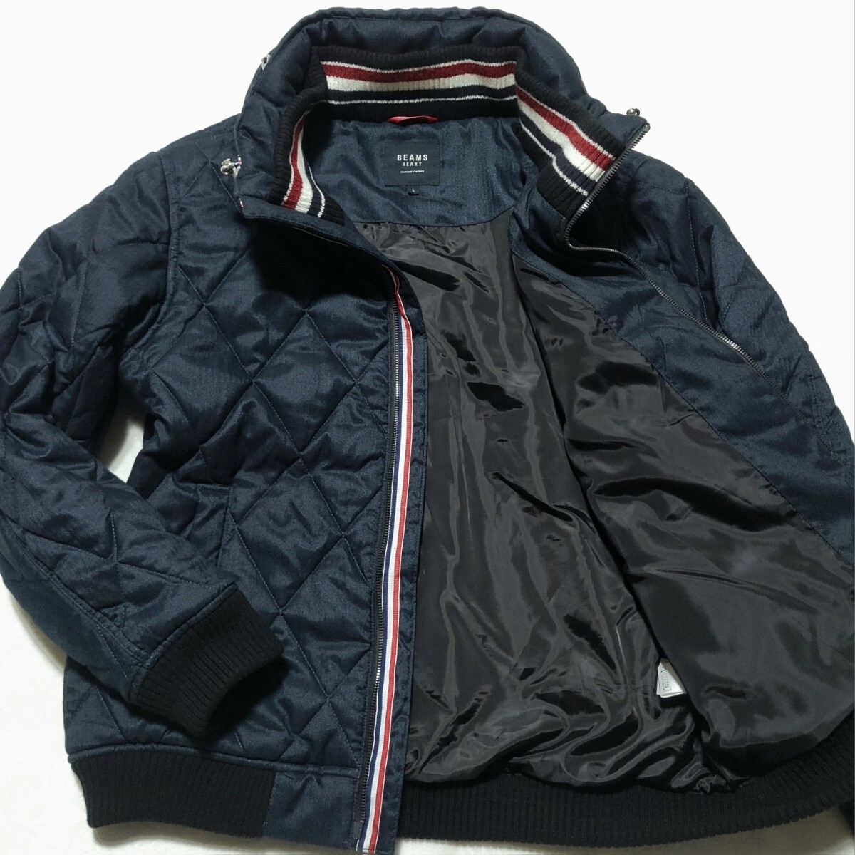 未使用級/2WAY/Lサイズ/ネイビー ビームスハート BEAMS HEART ダウンジャケット ブルゾン トリコロール ヘリンボーン キルティング メンズ拍卖