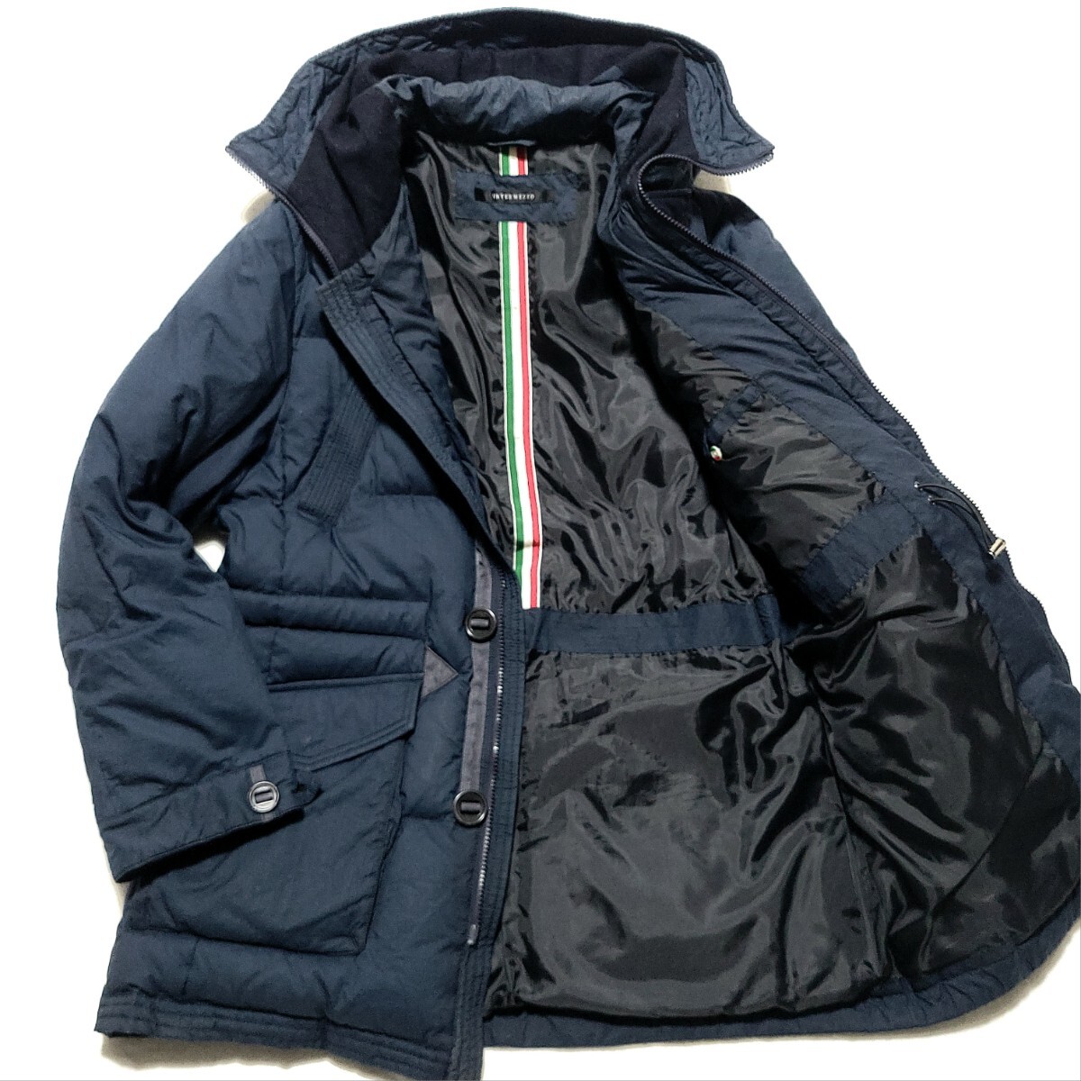 美品/Lサイズ/ネイビー ■インターメッツォ INTERMEZZO ダウンジャケット ブルゾン 中綿 ダウン フェザー メンズ トリコロール ビジネス 紺拍卖