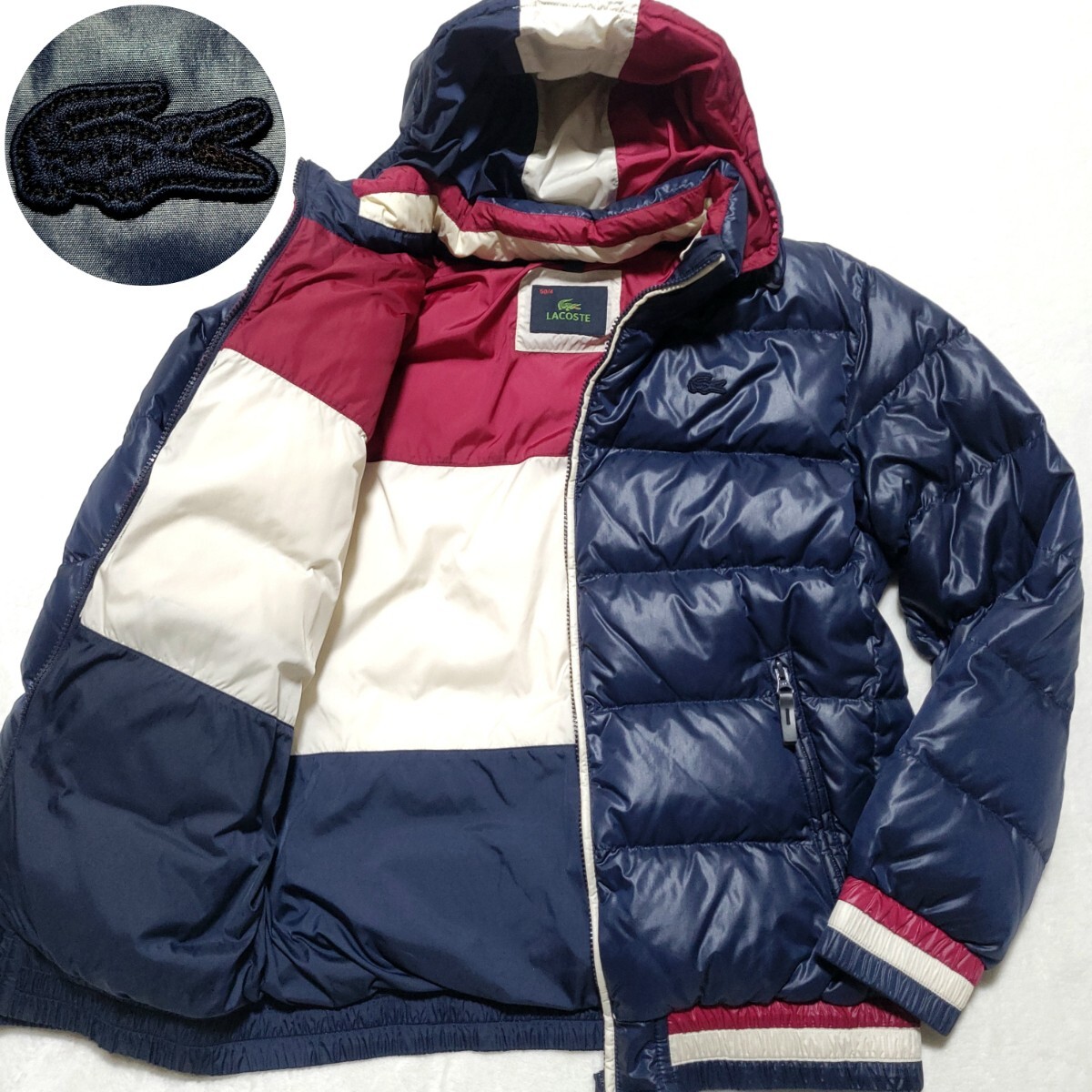 美品/2WAY/L相当 ■ラコステ LACOSTE ダウンジャケット ブルゾン トリコロール 中綿 ダウン フェザー フード 極暖 メンズ ネイビー 紺 50/4拍卖