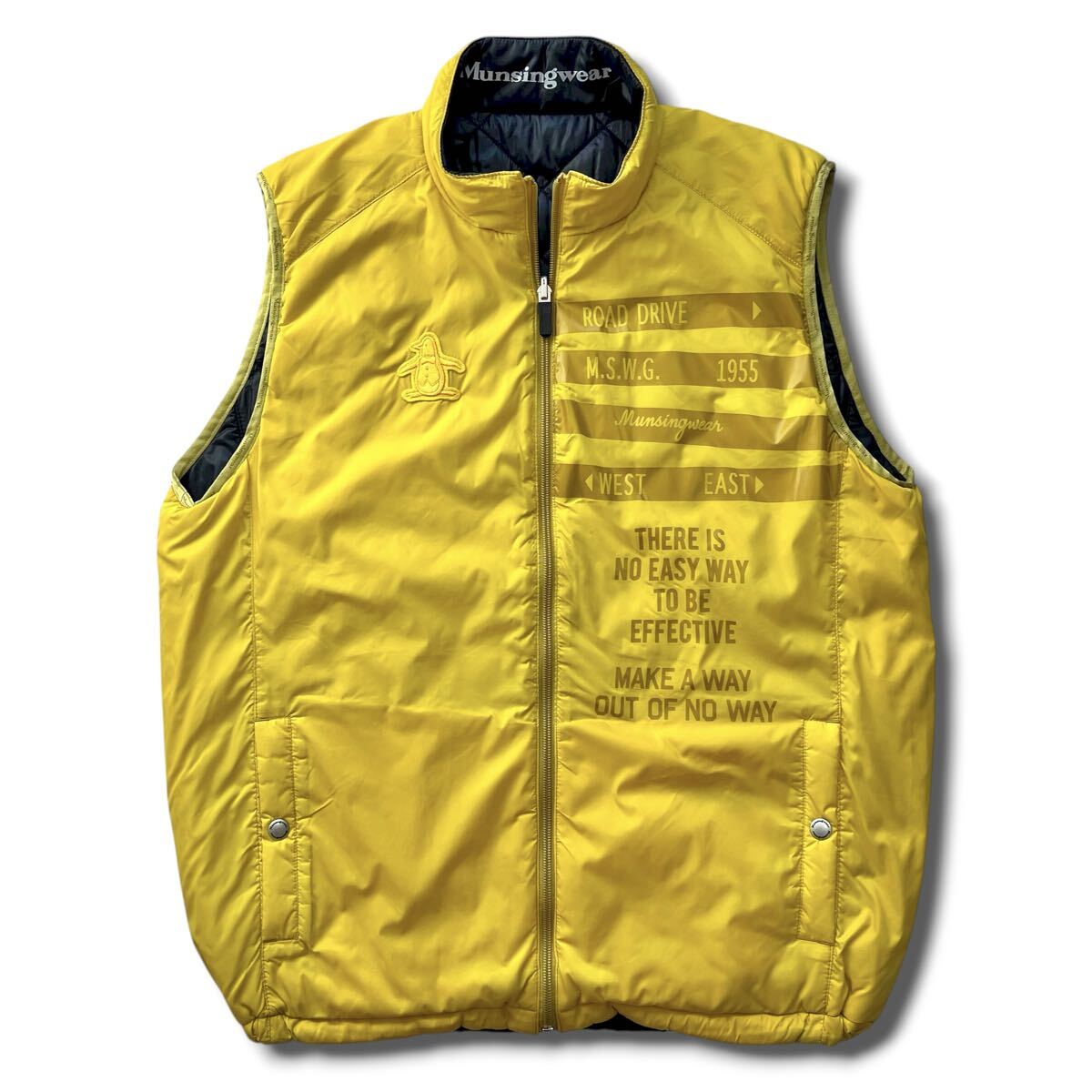 美品 Munsingwear 中綿 ダウン ベスト L イエロー 黄色 ワッペン ロゴ プリント マンシングウェア ゴルフ拍卖