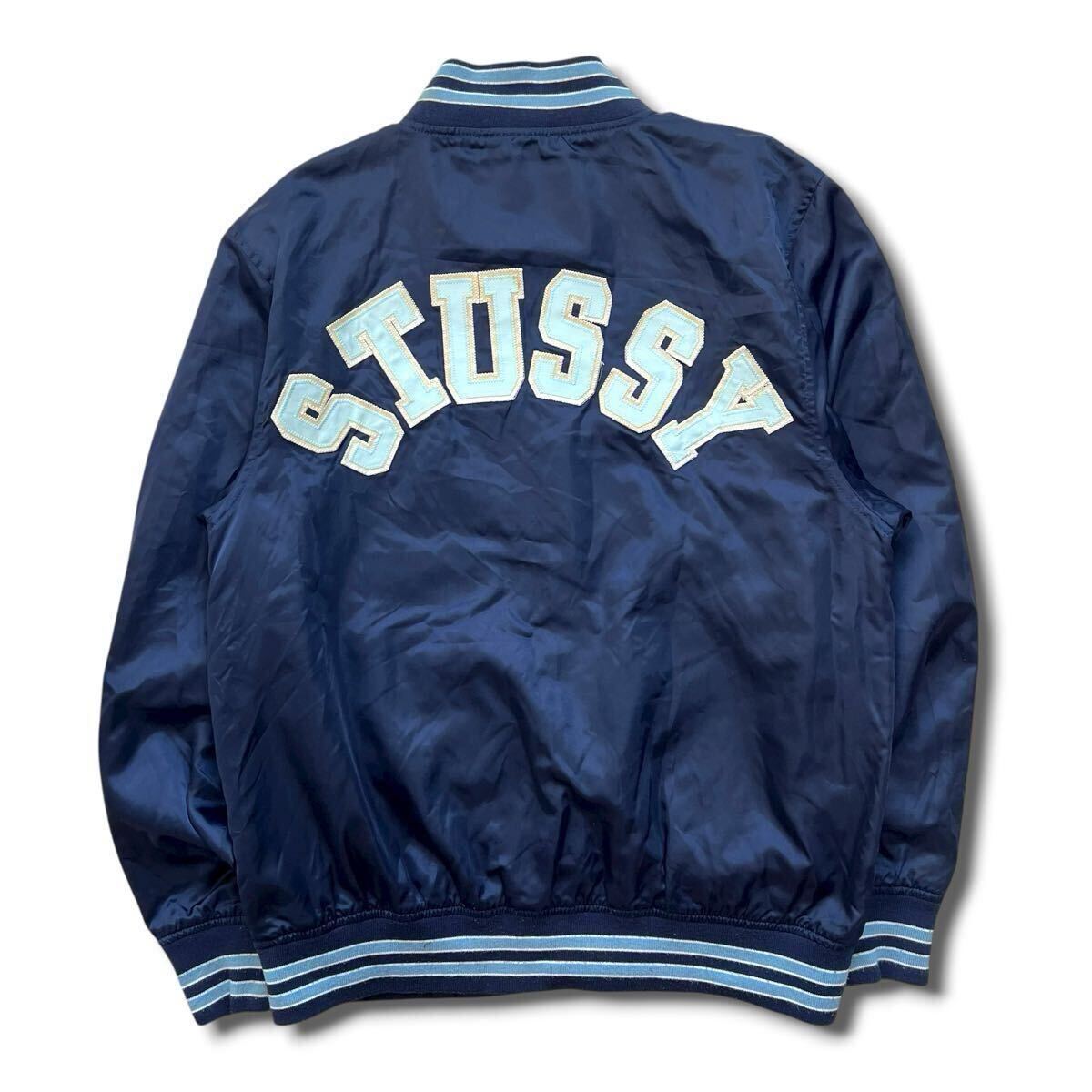 00s STUSSY スカル ワッペン アーチ ロゴ ナイロン スタジャン M ネイビー ブルゾン バーシティ ジャケット ステューシー拍卖