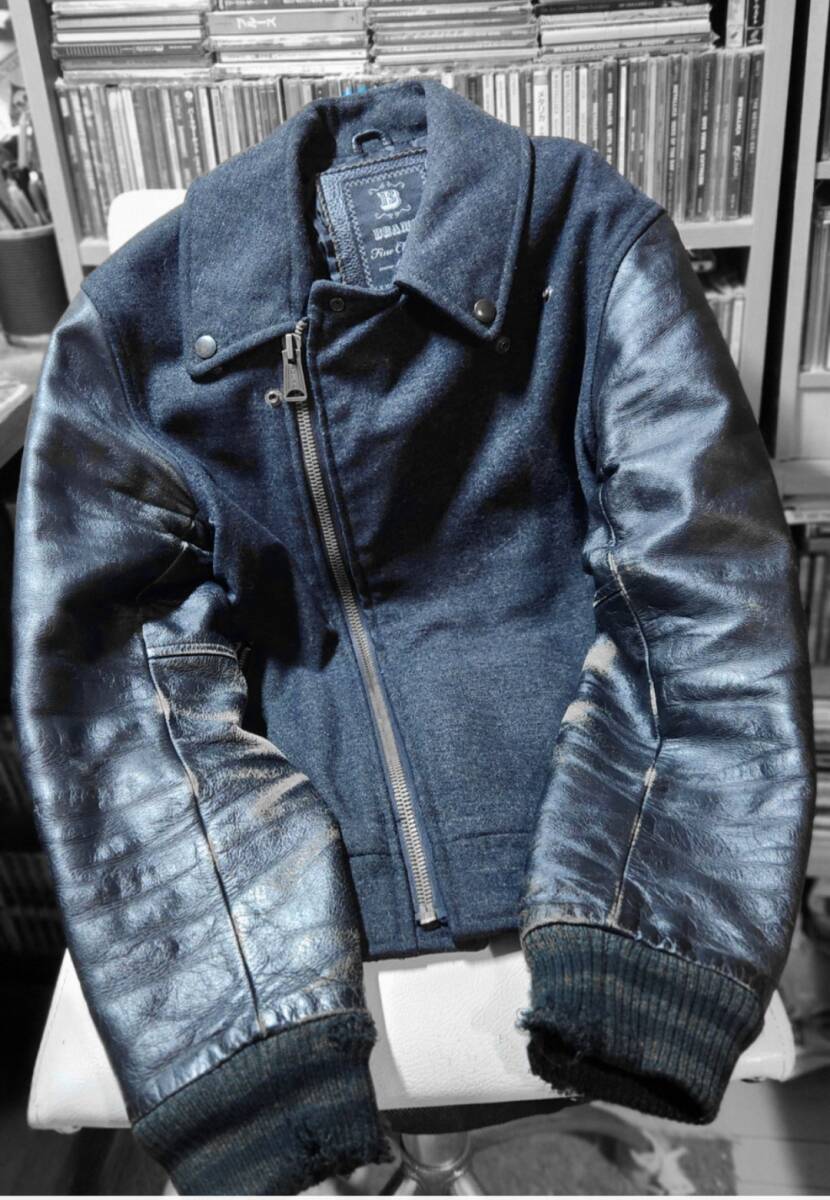 BEAMSビームスウール牛革異素材切替ライダーススタジャンIDEALジップSサイズ拍卖