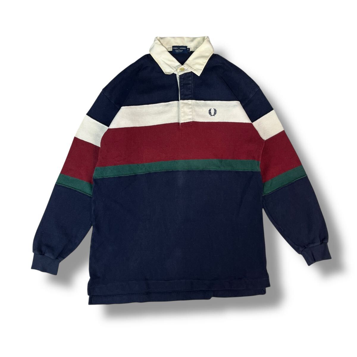 OK1127 FRED PERRY フレッドペリー 長袖ポロシャツ ラガーシャツ ボーダー ネイビー Mサイズ拍卖
