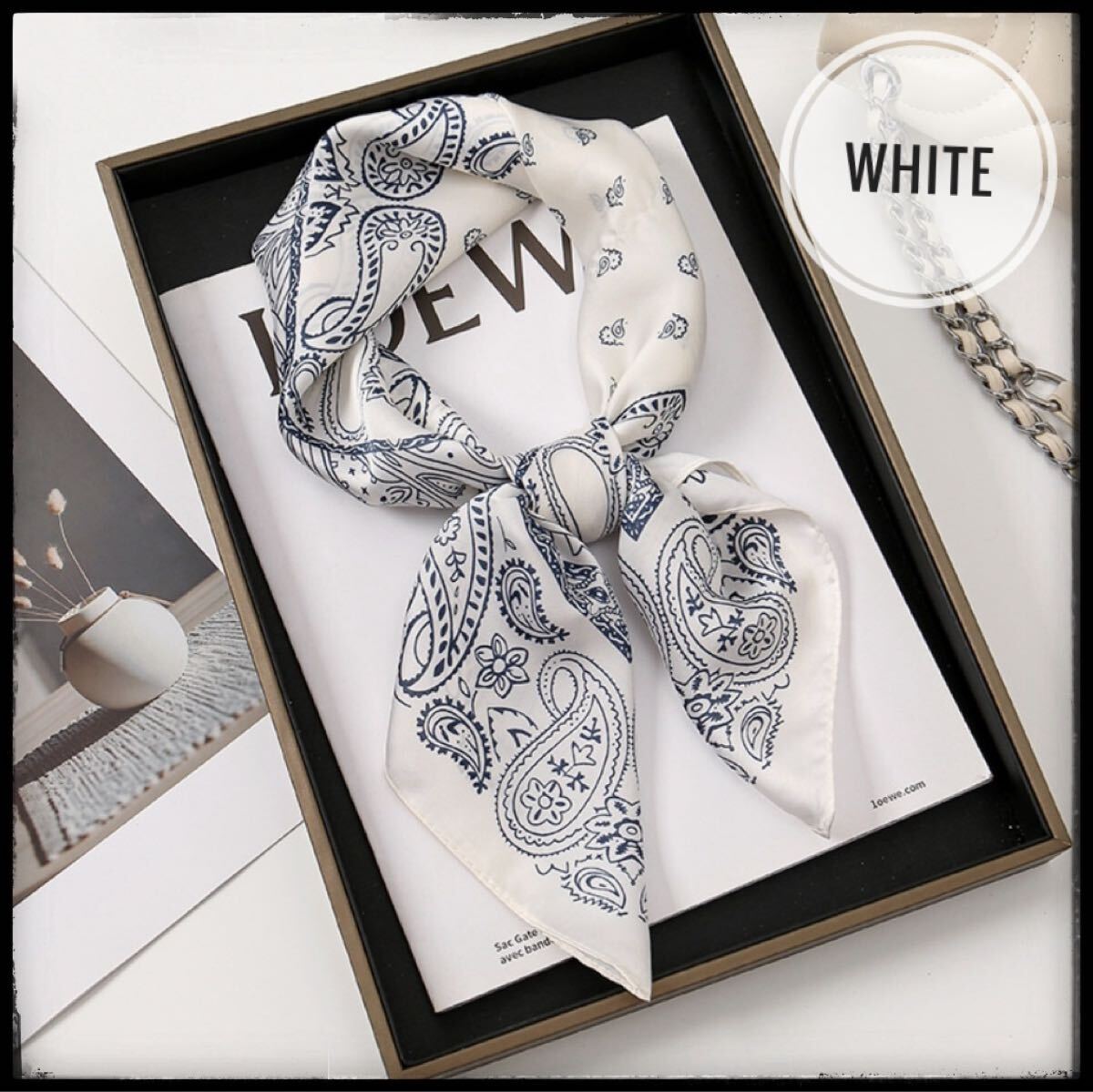 スカーフ 70cm シルク風 バンダナ 大判 ペイズリー柄 ホワイト拍卖