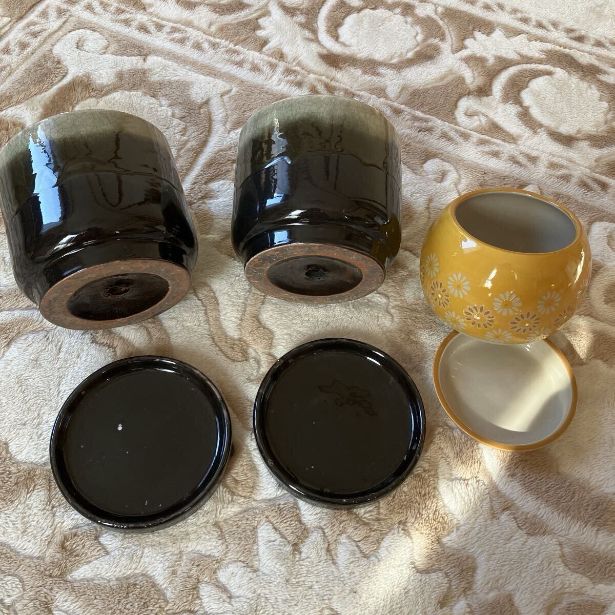 おしゃれ 陶器鉢 チェリッシュポット3号(13.2cm)イエロー*グラデーションポット 4.5号(13.5cm)ブラック鉢底穴有り 受け皿付き 3鉢セット拍卖