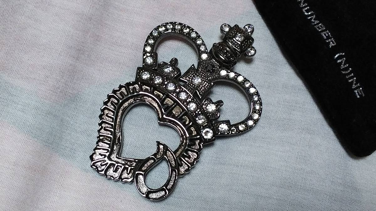 即決! 正規 絶版 NUMBER(N)INE ナンバーナイン 王冠ハート涙ブローチ ラージ7×4.5cm ブラックメタリック クラウン ジャケット○コートにも拍卖