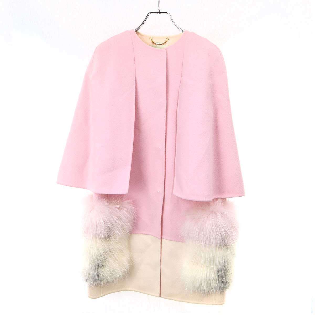 FENDI フェンディ 15AW フォックスファー ウールケープコート FF8114 W1D ピンク 38 ITU3W70NDOR2拍卖
