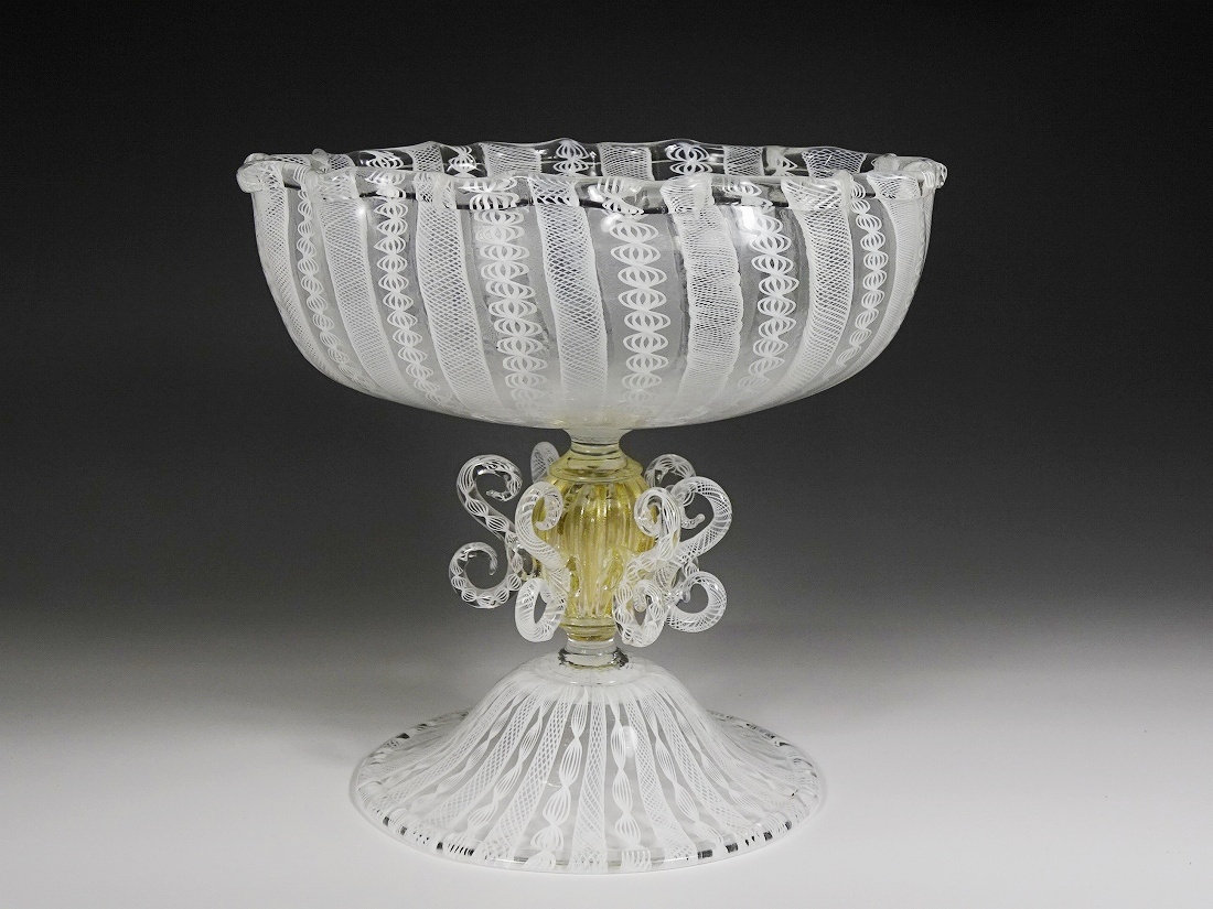 10904■MURANO ムラーノ ベネチアングラス ホワイトレース 金彩 ガラス コンポート 飾り 置物 ヴェネチアン拍卖