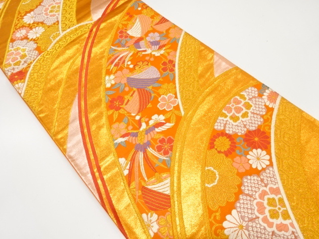 美品 山並に糸巻き・枝垂れ桜・尾長鳥模様織り出し 振袖用 袋帯 (AAF1K-015)拍卖