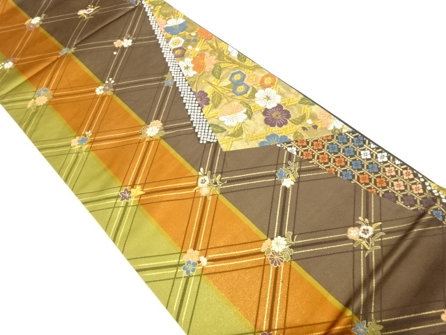 美品 斜め格子に枝垂れ桜・古典柄織り出し 袋帯 (AAG1K-002)拍卖