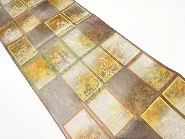 美品 色紙に平安人物模様織り出し 袋帯 (AAG1K-004)拍卖