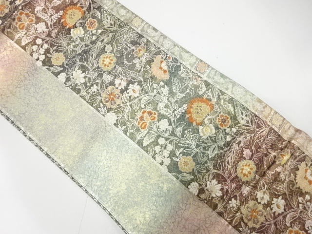 美品 引箔 縞に花唐草模様織り出し 袋帯 (AAAD1K-005)拍卖