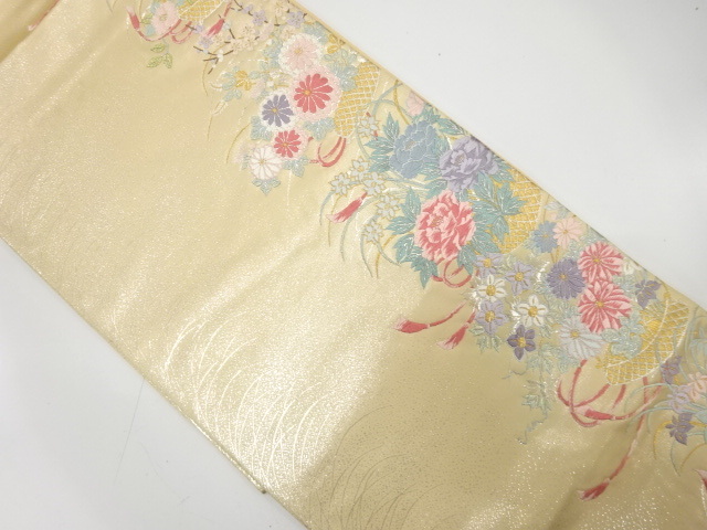 美品 芝草に花籠模様織り出し 袋帯 (AAAD1K-009)拍卖