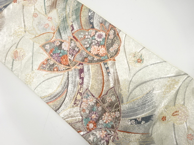 美品 流水に蝶・花模様織り出し 振袖用 袋帯 (AAAD1K-020)拍卖