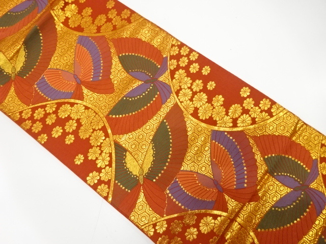 美品 流水に蝶・花模様織り出し 振袖用 袋帯 (AAAD1K-022)拍卖