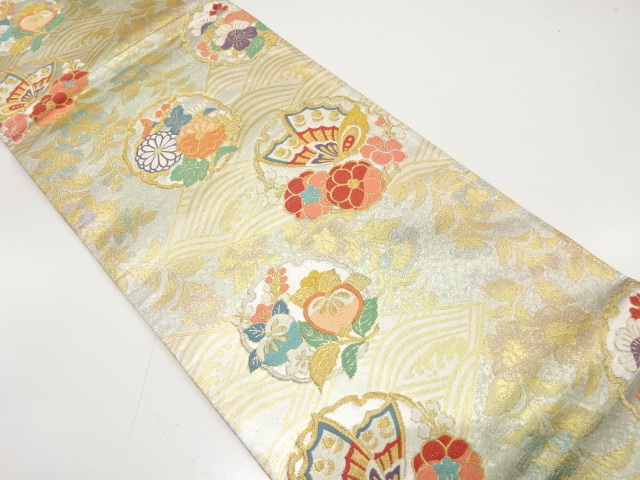 美品 雪輪に蝶・梅・菊模様織り出し 振袖用 袋帯 (AAAG1K-003)拍卖