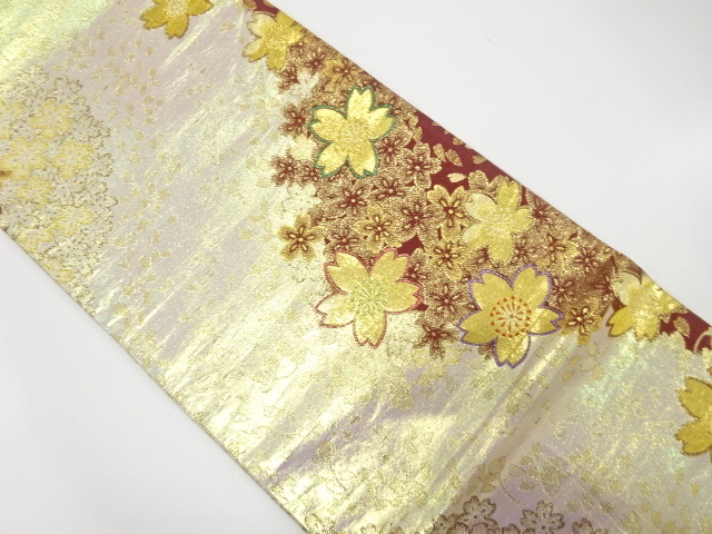 美品 流水に桜散らし模様織り出し 振袖用 袋帯 (AAAI1K-010)拍卖