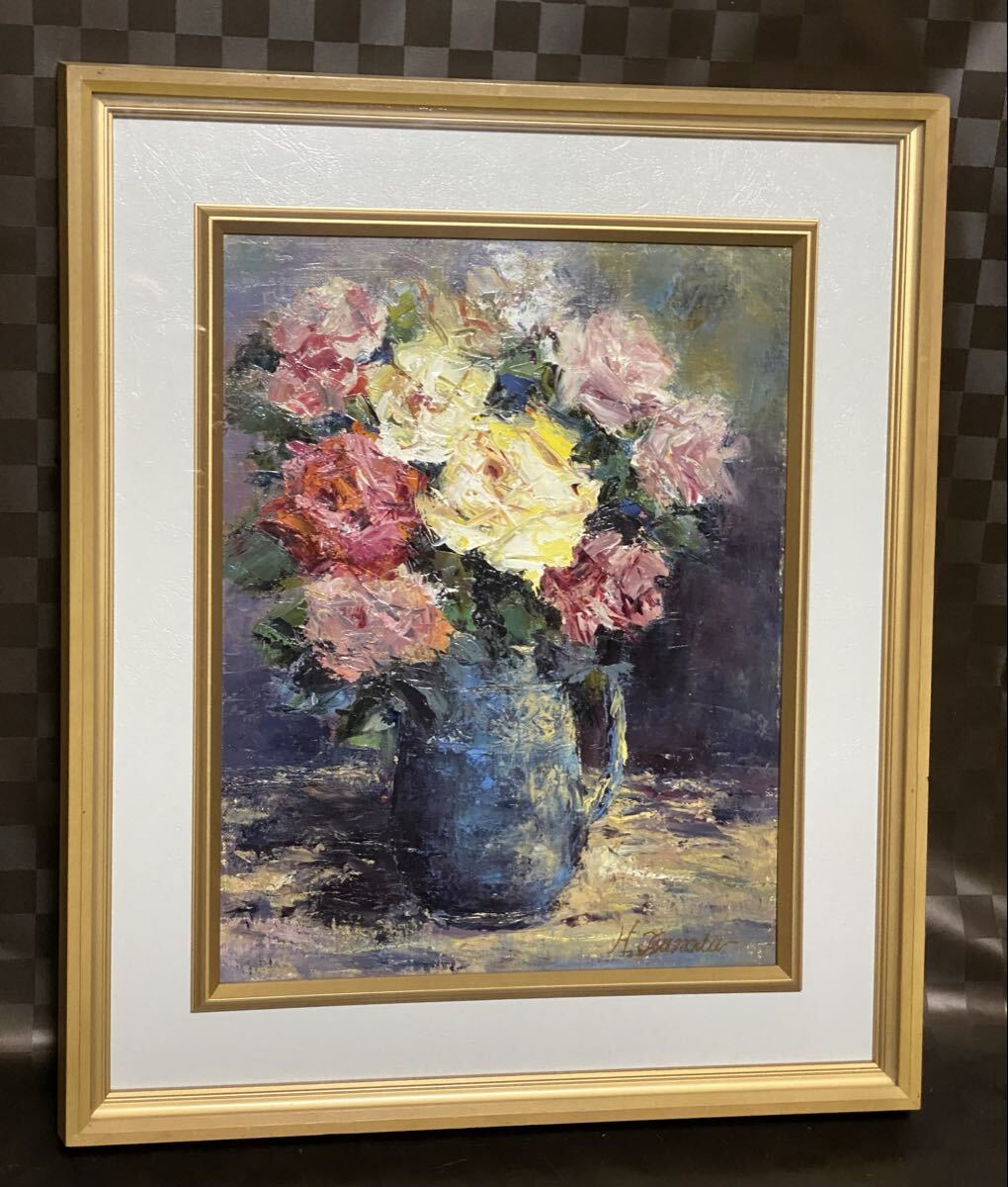 真作 油彩画 油絵 作者不明 g.tsunota 静物画 バラと花瓶 F6号 額縁 インテリア 額装拍卖
